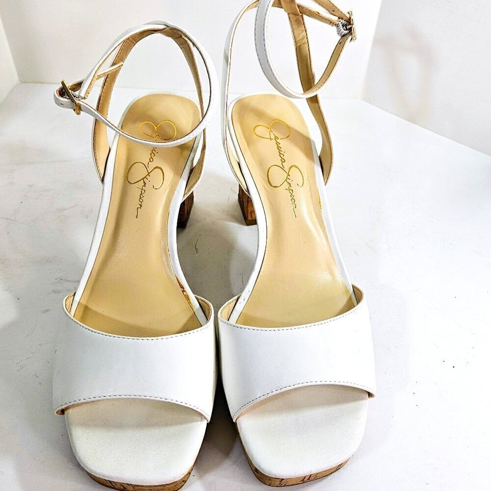 Jessica Simpson Cream and Tan Cork Chunky Heel and Sole Sandal Shoes Size 9.5 M